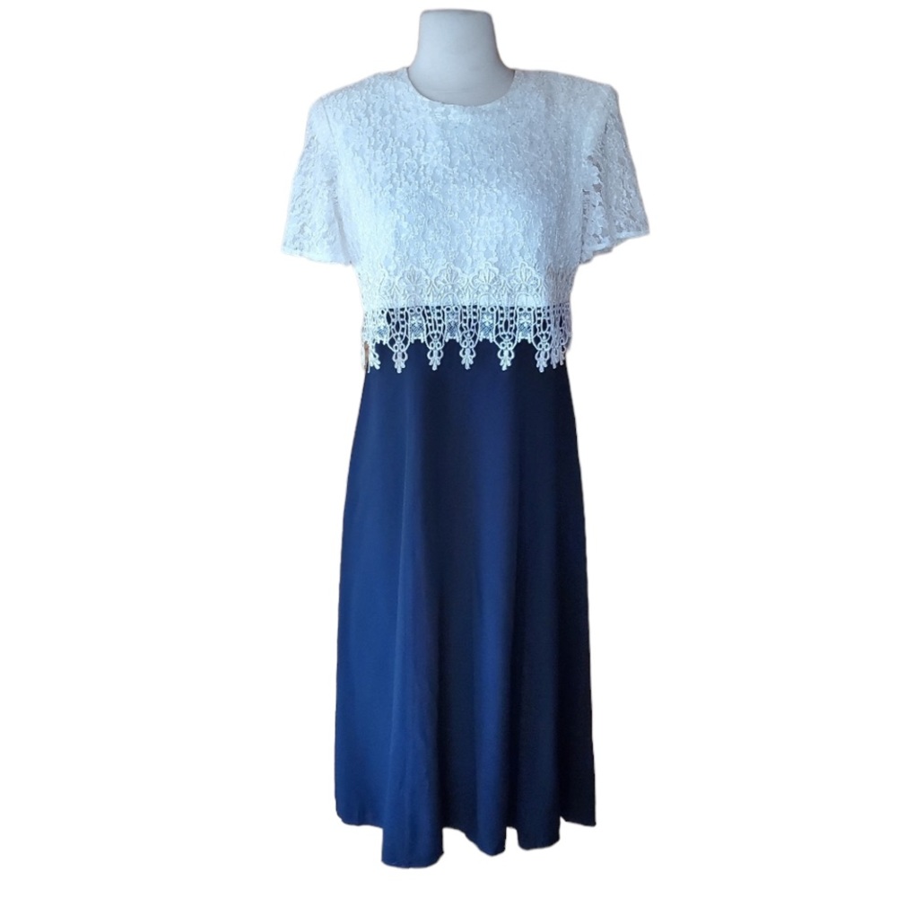 1980s S.L. Fashions Black & White Lace Dress